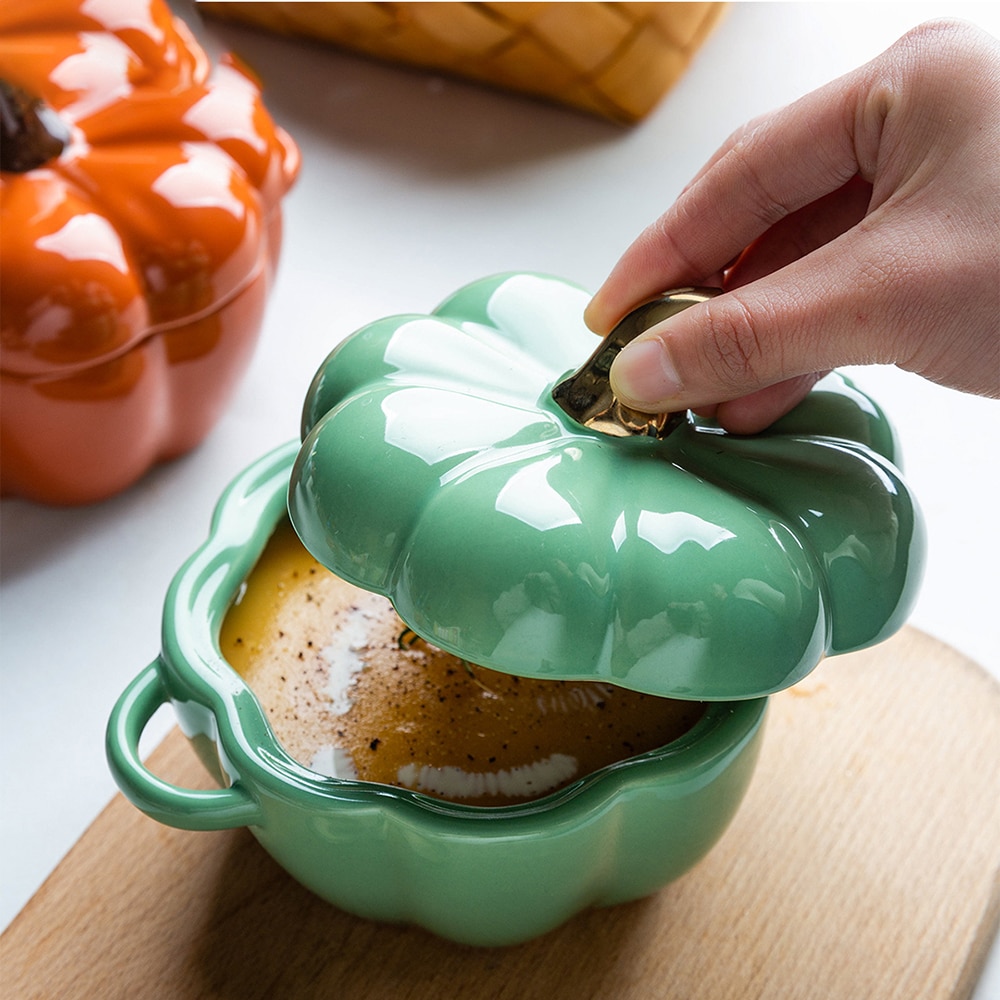 Pumpkin Shape Bowl With Lid Ceramic Soup Salad Cereal Bowl Bakeware Oven Baking Pan Kitchen Novelty Party Halloween Decoration