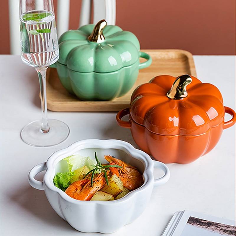 Pumpkin Shape Bowl With Lid Ceramic Soup Salad Cereal Bowl Bakeware Oven Baking Pan Kitchen Novelty Party Halloween Decoration Kitchen and Bath Color : 6.5in green|6.5in white|6.5in pink|6.5in orange|5.3in darkgreen|5.3in orange 