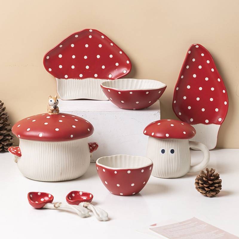 Nordic Style High Color Ceramic Red Mushroom Tableware Cup Dessert Plate Rice Bowl Noodles Bowl Salad Bowl Spoon Kitchen and Bath Ships From : China 