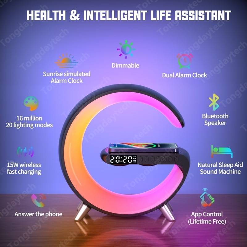 15W Alarm Clock Wireless Charger Station Speaker APP Control RGB Atmosphere Lamp Night Light for Iphone 12 13 14 Samsung Xiaomi Color : White|Black 