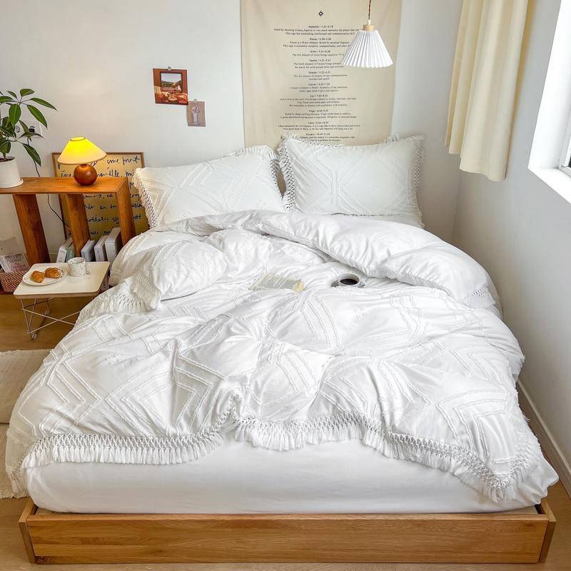 Solid Color White Grey Farmhouse cotton bedding set Chic Boho Tassel Fringe Duvet cover Twin Queen King bed sheet pillowcases Apartment Decor Bedroom Boho Theme Color : Color 1|Color 2|Color 3|Color 5 