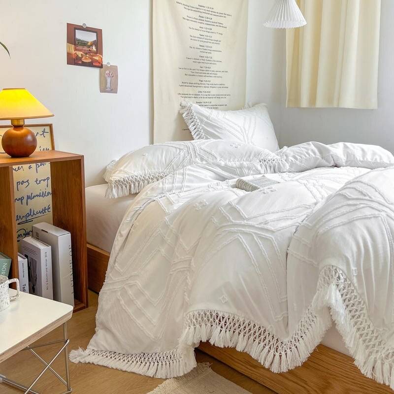 Solid Color White Grey Farmhouse cotton bedding set Chic Boho Tassel Fringe Duvet cover Twin Queen King bed sheet pillowcases Apartment Decor Bedroom Boho Theme Color : Color 1|Color 2|Color 3|Color 5 