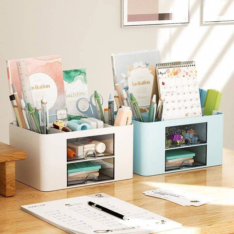 Compact Multifunctional Desk Organizer with Drawers Desk Decor Color : Pink|White|Blue 