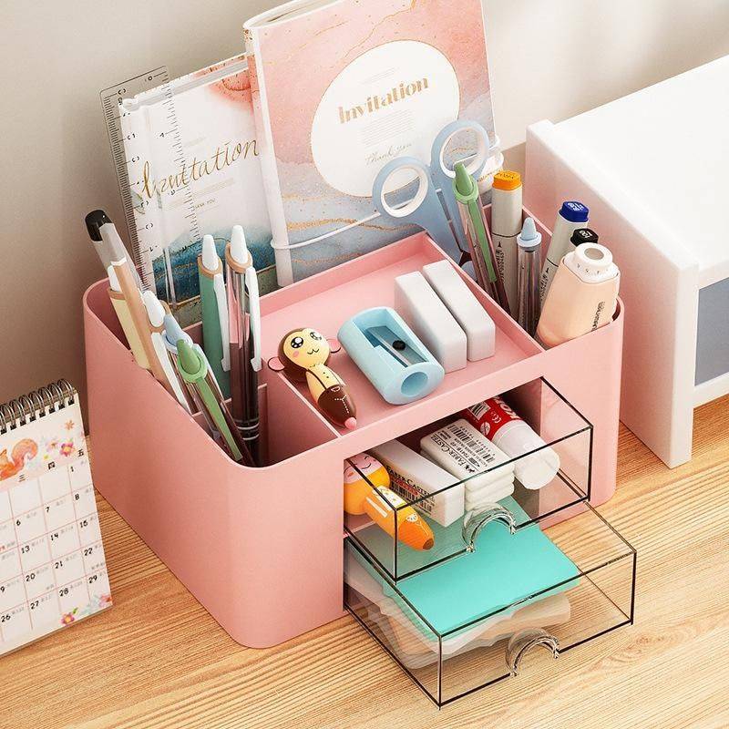 Compact Multifunctional Desk Organizer with Drawers Desk Decor Color : Pink|White|Blue 