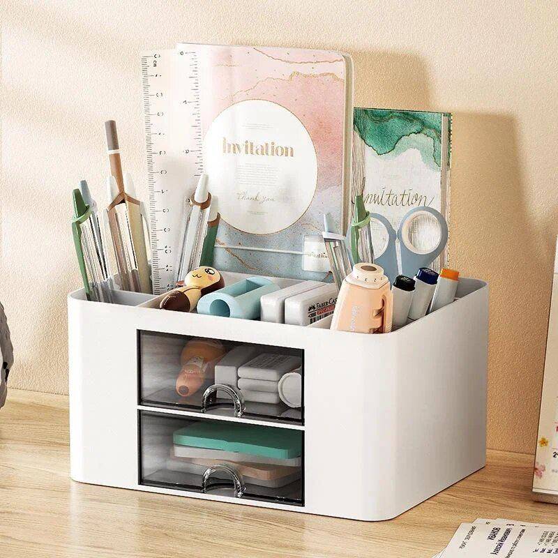 Compact Multifunctional Desk Organizer with Drawers Desk Decor & Organisation Color : Pink|White|Blue 