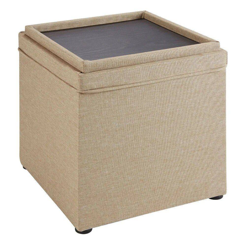 Multi-Functional Tan Storage Ottoman with Tray Storage Solutions  