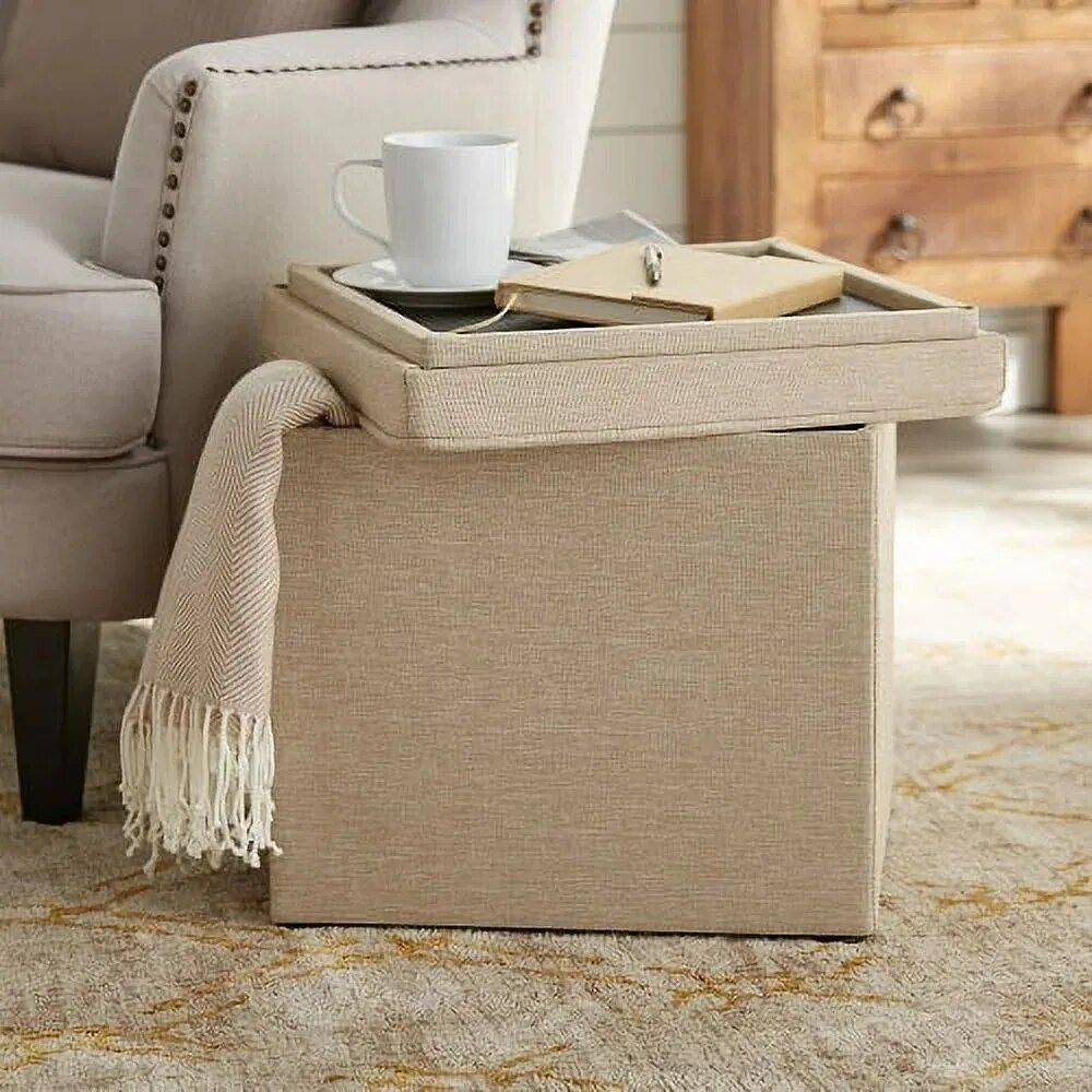 Multi-Functional Tan Storage Ottoman with Tray Storage Solutions  